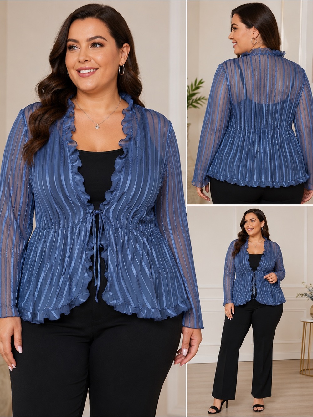 Notations Woman 1X Sheer Blue Stripe Chiffon Ruffle / Pleated Open Front Top